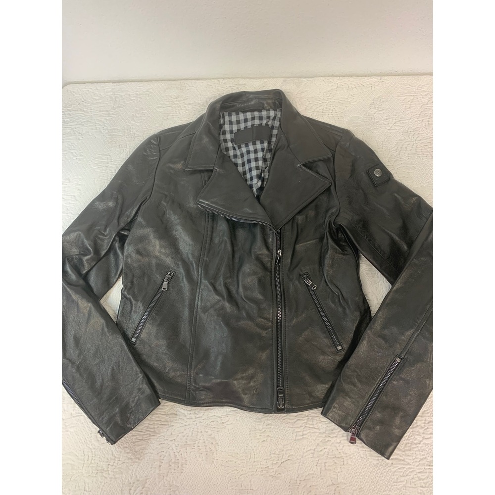 Chiarugi Black Italian Leather Moto Jacket Gingham Lining Biker Asymmetrical Zip